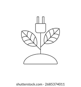 Planta crescendo a partir do solo com um plugue elétrico, simbolizando verde e energia ecológica.