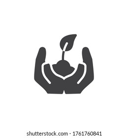 Plant growing in hands vector icon. filled flat sign for mobile concept and web design. Hands with sprout and soil glyph icon. Eco symbol, logo illustration. Vector graphics