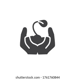 Plant growing in hands vector icon. filled flat sign for mobile concept and web design. Hands with sprout and soil glyph icon. Save nature symbol, logo illustration. Vector graphics
