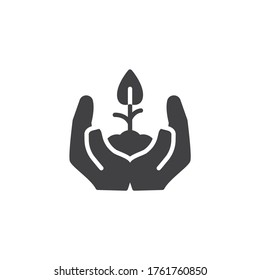 Plant growing in hands vector icon. filled flat sign for mobile concept and web design. Hands with sprout and soil glyph icon. Eco symbol, logo illustration. Vector graphics