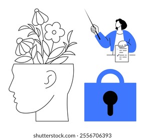 Plant growing from a head, person pointing at document, and blue padlock. Ideal for mental health, education, security, personal growth, and mindfulness. Clean modern style