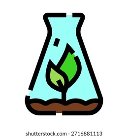 Planta que crece dentro de un matraz de laboratorio, representando conceptos como investigación biotecnológica, desarrollo sostenible, innovación ecológica e ingeniería genética