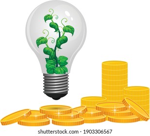 Plant growing inside light bulb and Money vector art and illustration