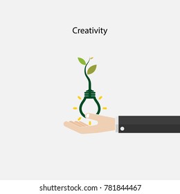 Plant growing inside the light bulb and human hand sign.Green eco energy concept.Tree of Knowledge concept. Education and business sign. Vector illustration
