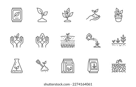 Plant growing line icons set  Spring growth stage  seeds  seedling  drought  soil testing  agriculture vector illustration  Outline signs for gardening  Editable Stroke