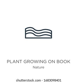 Plant growing on book icon. Thin linear plant growing on book outline icon isolated on white background from nature collection. Line vector sign, symbol for web and mobile