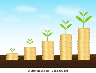 Plant Growing on Coin Stack in Soil. Growing Money, Saving and Investment Concept. 