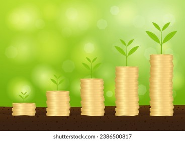 Plant Growing on Coin Stack in Soil. Growing Money, Saving and Investment Concept. 