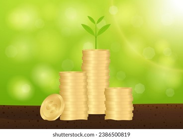 Plant Growing on Coin Stack in Soil. Growing Money, Saving and Investment Concept. 