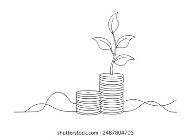 Planta que crece en una pila de monedas de línea con la Ilustración vectorial sobre fondo blanco.