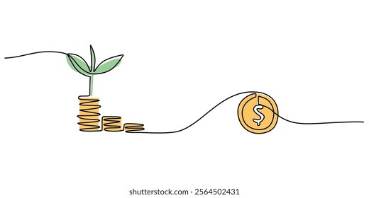A plant growing on a stack of coins, symbolizing financial growth and sustainability. Continuous line drawing for business and banking concepts. Vector illustration hand drawn.