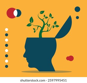 Plant Growing out of Human Brain Abstract Head. Psychology and bright creative idea generation vector art
