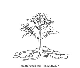 Plant Growing from Pile of Coins, cents, pennies dollars, hryvnia, euro one line art. Continuous line drawing of bank, money, finance, financial, payment, savings, economic, wealth. Editable stroke	