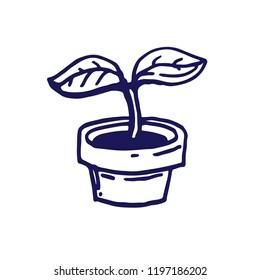 Plant growing in a pot, sprout with leaves icon. Hand drawn line art stock vector illustration