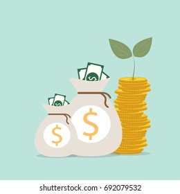 Plant Growing In Savings Coins - Investment And Interest Concept, Business investment growth concept, with stack money coin 