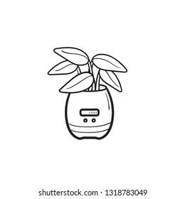 Plant growing in smart plant pot with sensor hand drawn outline doodle icon. Smart home plant pot concept. Vector sketch illustration for print, web, mobile and infographics on white background.
