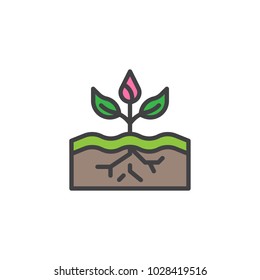 Plant growing in soil filled outline icon, line vector sign, linear colorful pictogram isolated on white. Ecology symbol, logo illustration. Pixel perfect vector graphics