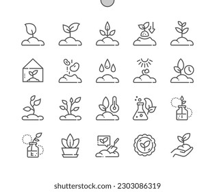 Plant. Growing, sprout in the ground. Greenhouse, gardening. Plant breeding. Pixel Perfect Vector Thin Line Icons. Simple Minimal Pictogram