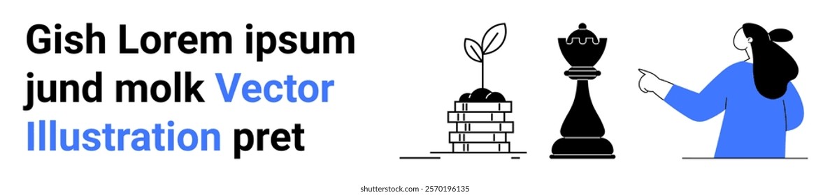 Plant growing from stacked coins, chess piece symbolizing strategy, and person in blue outfit pointing. Ideal for business growth, investment strategy, financial planning, strategic thinking