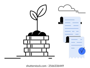 A plant growing from stacked coins next to a document with a checkmark, indicating financial growth. Ideal for investment, finance, savings, success, business. Simplistic modern style