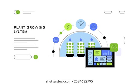 Plant growing system. Vertical farming. Hydroponics and plant monitoring through the app. Abstract scheme. Flat graphics. Vector file.