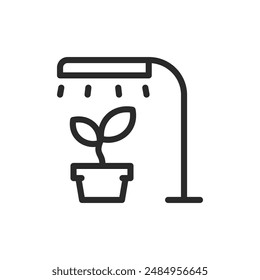 Plant growing under UV light, linear style icon. indoor plant cultivation. Editable stroke width