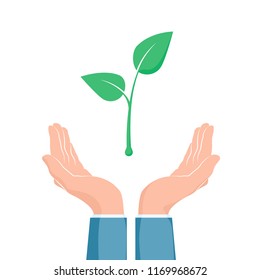 Plant growth between two hands. Eco symbol. Cupped hand that holds green plant seedling. Vector illustration