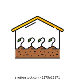 Crecimiento vegetal en invernadero, agricultura y línea de color agronómica. Pictograma vectorial del esquema de cultivo de cosecha con brotes en invernadero, señalización de jardinería o cultivo, icono de línea delgada de agricultura