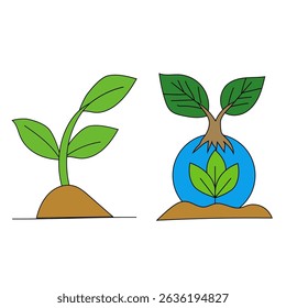 Plant growth icon. Nature renewal symbol. Vector green design. Blue globe accent.