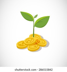 plant growth from money coin with icon of business and creativity. Business investment growth concept. startup - vector illustration