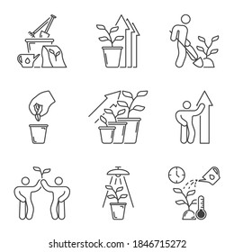 Plant growth, planting, development and care icons set. Courtship and growth in one set. Simple linear images. Isolated vector on white background.