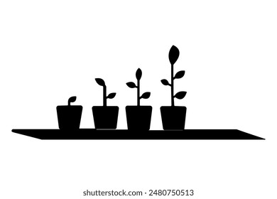 Pflanzenwachstumsprozess-Silhouetten-Vektorgrafik-Zeichnung mit Umriss-Illustration, Lebenszyklus der Silhouetten-Pflanzenwachstumsstufen