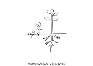Arte de una sola línea de proceso de crecimiento vegetal, dibujo continuo de una línea de Arte vectorial de contorno aislado