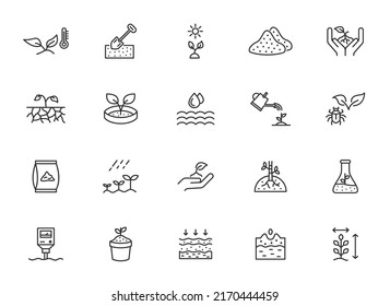 Plant Growth Soil Line Icon Set. Flower Leaf Evironment Vector Outline Tree Seed Icon.