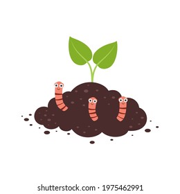 plant growth from soil with worms, worms in the ground, insects in soil, brown earth with small pink animals, green plant, flat cartoon vector illustration