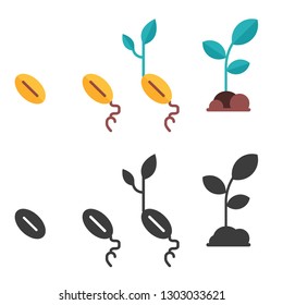 Plant growth stages from seed to sprout. Colored and monochrome icons of organic plants growing process and planting phases. Green spring flower grow cultivating steps in flat style.