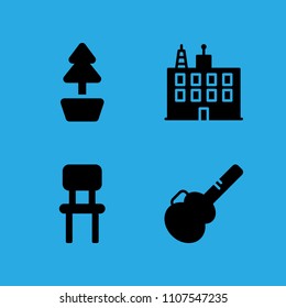 plant, guitar protector, chair and building icons vector in sample icon set for web and graphic design