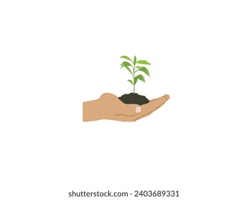 Plant in hand. Abstract giving hand with young plant in soil. Sustainable Lifestyle Line Style Icon Design. Single one line drawing hand holding sprout a money tree in nature green forest.   