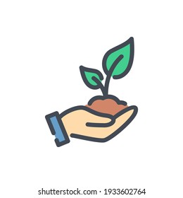 Plant In Hand Color Line Icon. Hand Holding Plant With Leaves Vector Outline Colorful Sign.