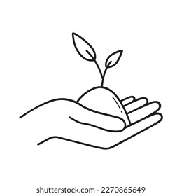 Plant in hand doodle. Sprout in sketch style. Vector illustration isolated on white background.
