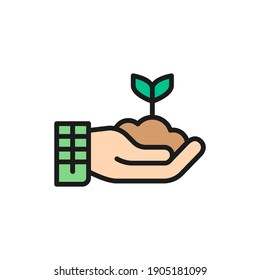 Plant in hand, gardening, ecology flat color line icon.
