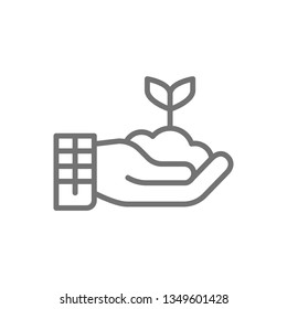 Plant in hand, gardening, ecology line icon.