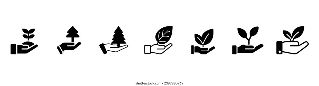 Plant in hand icon. Plant in hand flat icon. Pictogram for web. Line stroke. leaf icon, leaf in hand icon. leaf in hand sign, leaf shoots with environmental protection signatures