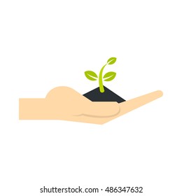 Plant in hand icon in flat style isolated on white background. Seedling symbol vector illustration
