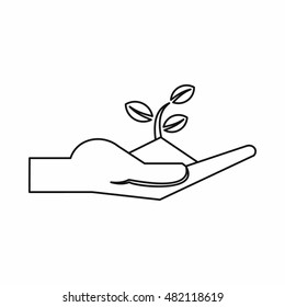 Plant in the hand icon in outline style on a white background vector illustration