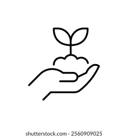 Plant in hand icon. Simple outline style. Hand holding plant with leaves, tree, grow, leaf, sprout, seedling, nature, ecology concept. Thin line symbol. Vector illustration isolated.