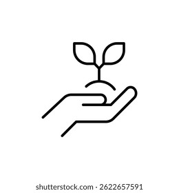 Plant in hand icon. Simple outline style. Hand holding plant with leaves, tree, grow, leaf, sprout, seedling, nature, ecology concept. Thin line symbol. Vector illustration isolated.