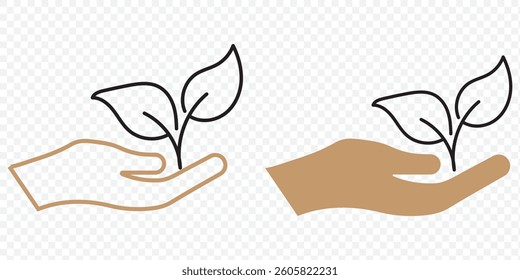 Plant in hand line and flat icon. Vector