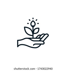 Plant in hand outline icons. Vector illustration. Editable stroke. Isolated icon suitable for web, infographics, interface and apps.