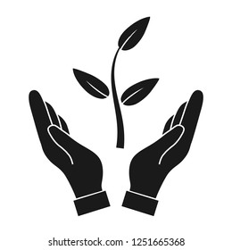 Plant in hand. Protection vector icon on white background
